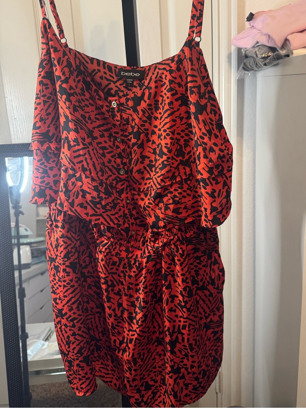 bebe Red and Black Printed Spaghetti-Strap Jumpsuit